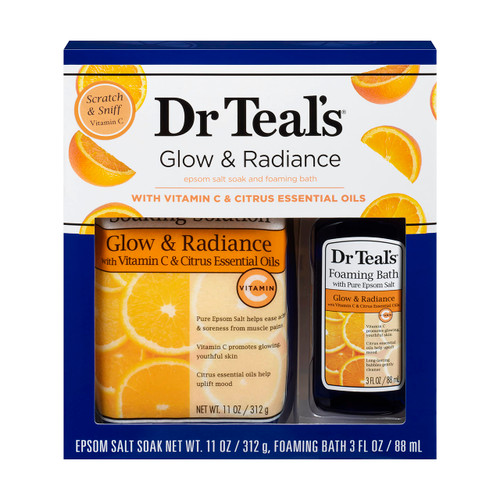 Dr Teal's Vitamin C Epsom Salt and Foaming Bath Set (2 Piece) - Glow & Radiance with Citrus Essential Oil - 11 oz Epsom Salt & 3 oz Foaming Bath - at Home Spa Kit Gift Pack - Relax & Soothe Muscles