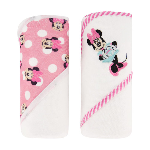 Disney Cudlie Baby Girl Minnie Mouse 2 Pack Rolled/Carded Hooded Towels in Happy Dots Print