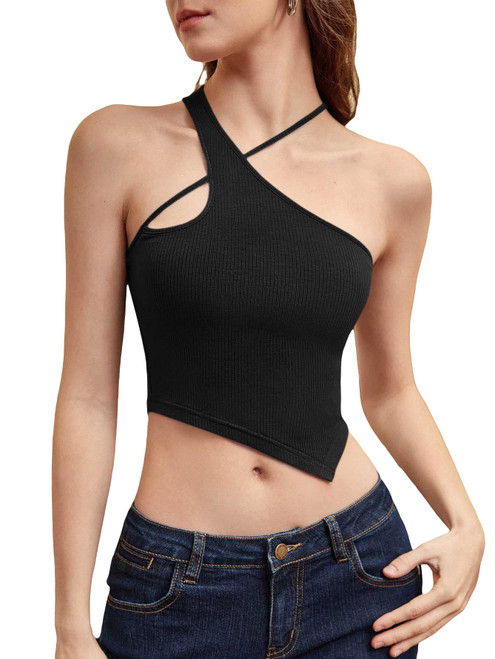 GORGLITTER Women's Ribbed Knit Asymmetrical Halter Neck Crop Tops Sleeveless Slim Fit Cami Top Black Small
