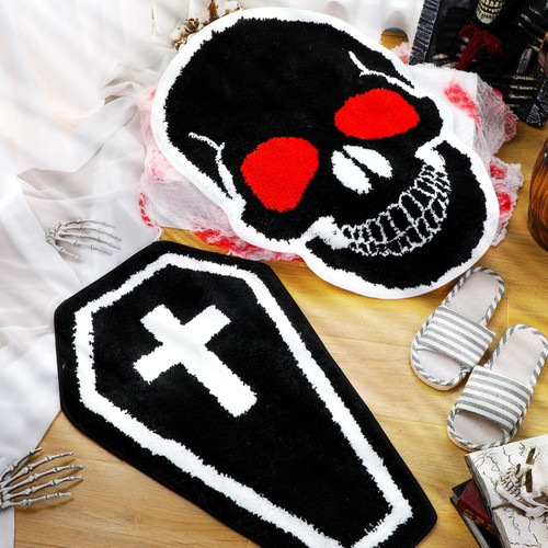 2 Pcs Halloween Bathroom Rugs Skull Bath Mat Coffin Doormats Gothic Bat Bath Mat Non Slip Cute Pumpkin Kitchen Mat Spooky Ghost Door Mat for Home Horror Festival Indoor Outdoor Bedroom (Coffin)