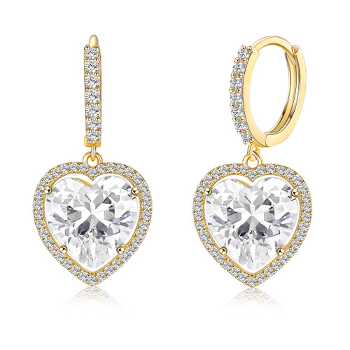 Hoop Heart Dangle Earrings 18K Yellow Gold Plated Princess Halo Heart Cut Clear Cubic Zirconia Drop Earrings for Women Hypoallergenic