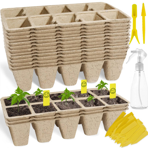 100Cells Seedling Start Trays,10 Pack Peat Pots Seedling Pots Biodegradable,Seedling Starter Kit,Organic Germination Plant Starter Trays,Cell Pots with 100 Labels,2 Transplant Tools,1 Spray Bottle