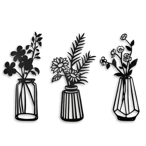 Eledabra Metal Vase Flowers Wall Arts Minimalist Plant Wall Decor, Boho Metal Wall Art Black Minimalist Flower Silhouette Natural Themed Wall Decors for Home Bedroom Dining Room Housewarming 3 PCS
