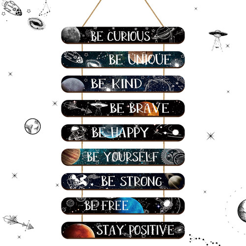 Yalikop Outer Space Nursery Decor, Space Themed Bedroom Decor Inspirational Room Decor Solar System Wall Hanging Plaque Sign with Saying Quotes for Boys
