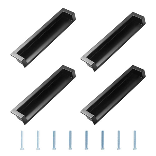 Morobor Tatami Hidden Door Handles, 4pcs Embedded Handle, Recessed Finger Pulls with Hidden Concealed Screws for Cabinet Wardrobe Drawer(Matte Black,105mm)