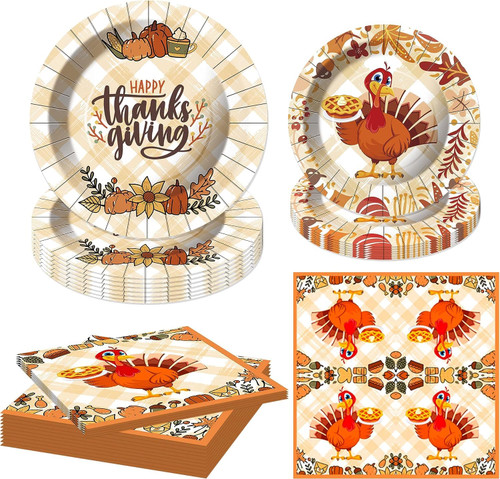 Thanksgiving Paper Plates, Thanksgiving Disposable Plates, Thanksgiving Party Set -16 9" Dinner Plates 16 7" Dessert Plates, and 20 Napkins Turkey Thanksgiving Dinner Decorations