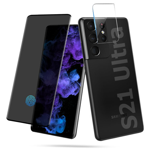 [1+1 Pack] Galaxy S21 Ultra Privacy Screen Protector with Camera Lens Protector, Fingerprint Unlock, Anti-Spy, 9H Hardness, Scratch Resistant, Bubble Free for Samsung Galaxy S21 Ultra 5G 6.8 Inch