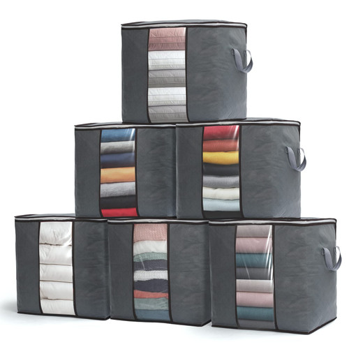 90L Large Capacity 6 Pack Clothes Storage Bag, Storage Bins for Clothes, Closet Organizers and Storage Containers for Blanket Bedding Comforter, Thick Fabric with Reinforced Handles, Zipper, Clear Window
