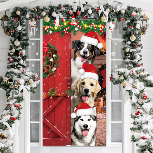 Christmas Door Cover, Merry Christmas Decorations Santa Dogs Christmas Front Door Banner Xmas Photography Backdrop Photo Booth Props Decorations for House Door