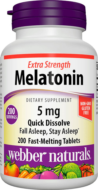 Webber Naturals Extra Strength Melatonin 5 mg, Easy Dissolve, 200 Tablets, for Sleep Support, Gluten Free, Non-GMO, Suitable for Vegetarians