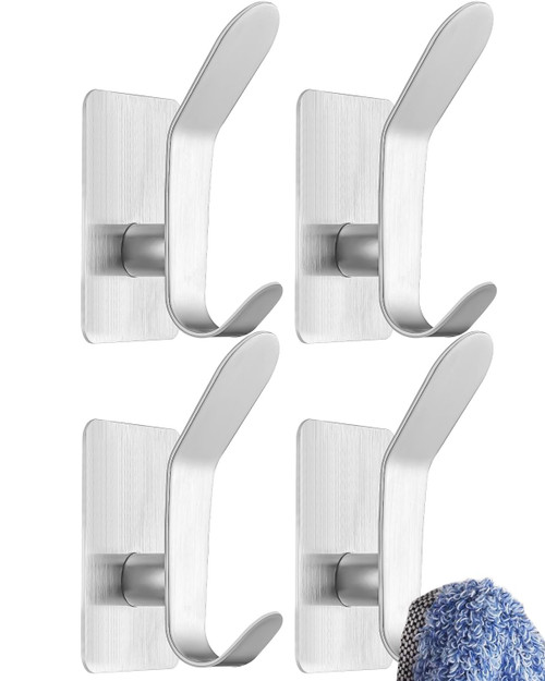 BANJEKT Towel Hooks, Stainless Steel Towel Hook, Heavy Duty Adhesive 4 Pack Bathroom Hooks for Hanging Robe Coat, Wall Hooks Stick on Bathroom Kitchen and Bedroom Wall Silver