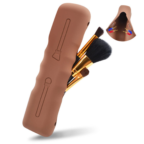 UIIOPJIOM Travel Makeup Brush Holder, Silicon Portable Makeup Brush Case Bag, Cute Soft Cosmetic Face Brushes Holder, Waterproof Makeup Organizer Bag with Magnetic Closure for Traveling(Brown) UIIOPJIOM Travel Makeup Brush Holder, Silicon Portable Makeup Brush Case Bag, Cute Soft Cosmetic Face Brushes Holder, Waterproof Makeup Organizer Bag with Magnetic Closure for Traveling(Brown)