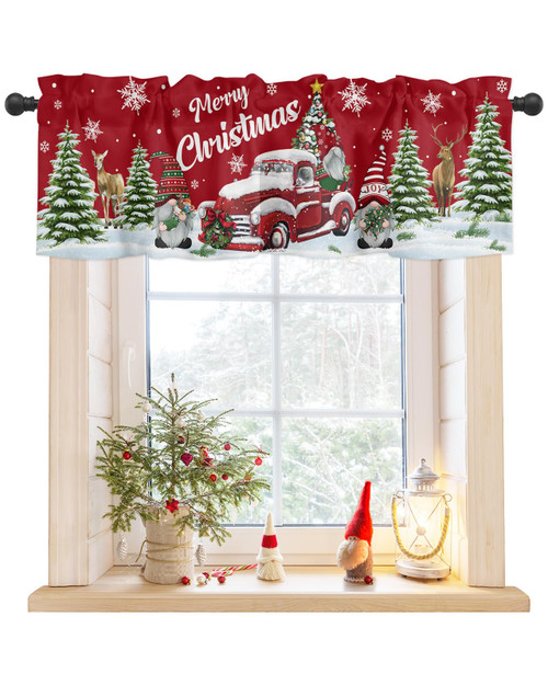 Christmas Truck Valance for Window, Christmas Red Truck with Xmas Trees Gnome Red Rod Pocket Valances Window Curtains, Snowflake Small Window Curtains for Kitchen Bedroom Living Room, 54"x18"
