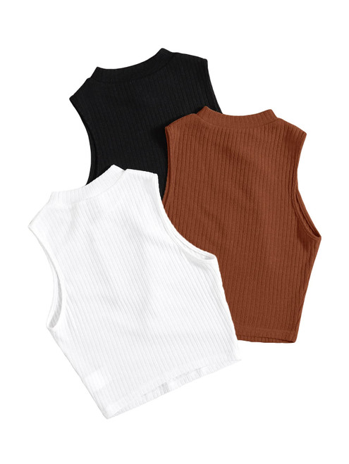 GORGLITTER Women's 3 Piece Mock Neck Sleeveless Ribbed Knit Cami Tank Tops White Black Brown Large