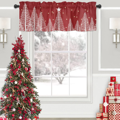 ALAGEO Christmas Tree Valances Windows Curtain Winter Snowscape Red Kitchen Valances Rod Pocket Window Treatment Short Topper Curtains for Winter Holiday Christmas Decorations 1 Panel,54 by 18 inches