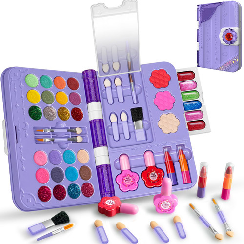 Hollyhi 48Pcs Kids Makeup Kit for Girl, Washable Play Make Up Toys Set with Mirror, Beauty Dress Up Set Toys for Age 3 4 5 6 7 8 9 10 11 12 Year Old Kids Toddlers Girls, Birthday Girl Gifts (Purple)