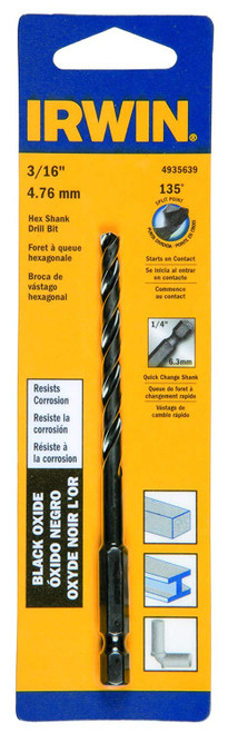 Irwin Tools 4935639 Black Oxide Hex Shank Drill Bit, 3/16-Inch