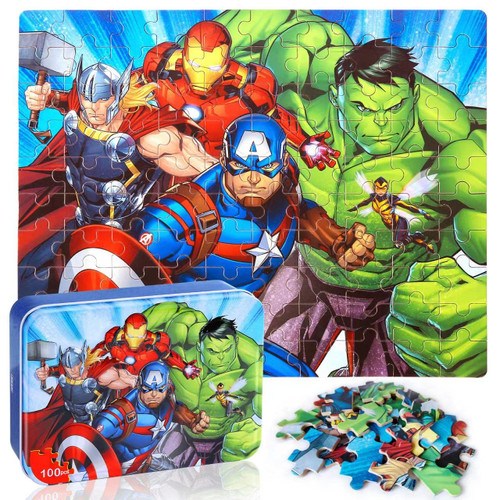 LELEMON Avengers Puzzles for Kids Ages 4-8,Disney Puzzle 100 Piece Puzzles for Kids in a Metal Box, Educational Kids Puzzles Jigsaw Puzzles 100 Piece Puzzle Games Puzzle Toys for Girls and Boys