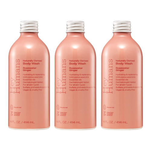 HEY HUMANS Rosewater Ginger Moisturizing Body Wash with Natural Ingredients & Jojoba Oil | Clean, Vegan, Sulfate Free Bath & Body Wash for Women | Recyclable Bottle, 14 fl. oz. - Pack of 3 HEY HUMANS Rosewater Ginger Moisturizing Body Wash with Natural Ingredients & Jojoba Oil | Clean, Vegan, Sulfate Free Bath & Body Wash for Women | Recyclable Bottle, 14 fl. oz. - Pack of 3