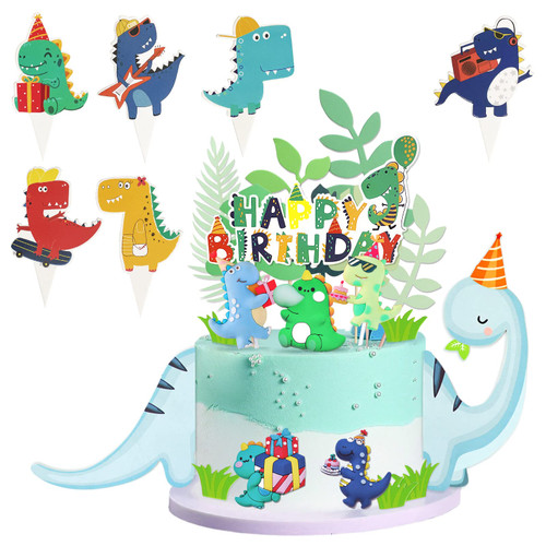 43 Pieces Dinosaur Cake Topper Decorations Dinosaur Cupcake Toppers Cute Dino Happy Birthday Cake Topper for Boys Baby Kids Birthday Party Supplies Favors