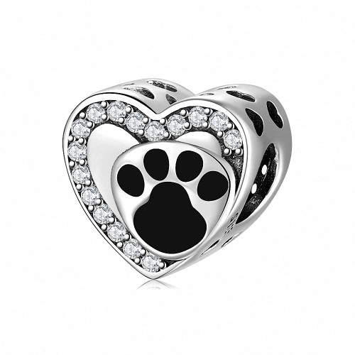 Dog Paw Print Charms 925 Sterling Silver Animal Birthstone Crystal Charms for Pandora 3mm Snake Chain Bracelets (Heart Clear)