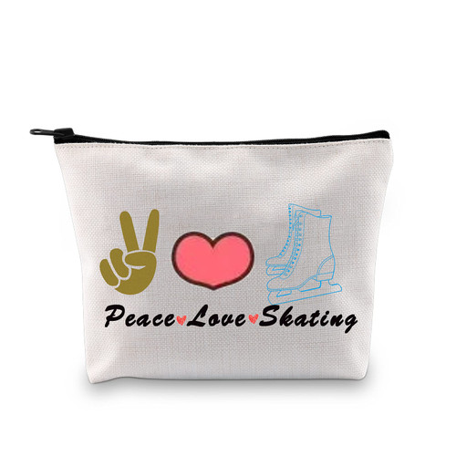 PXTIDY Skating Cosmetic Bag Ice Skater Gift Peace Love Skating Makeup Zipper Pouch Figure Skating Gift Team Sport Skater Bag For Women Skate Lover Gift (Beige)