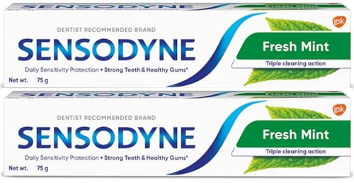 Sensodyne Fresh Mint Sensitive Toothpaste, Strong Teeth and Healthy Gums, Triple Cleaning Action, 2.64 Oz (75g) - Pack of 2 Sensodyne Fresh Mint Sensitive Toothpaste, Strong Teeth and Healthy Gums, Triple Cleaning Action, 2.64 Oz (75g) - Pack of 2