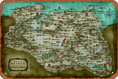 Skyrim Map Art Vintage Funny Tin Sign Metal Tin Sign 8X12 Inch for Cafe Bar Bedroom Wall Decorative