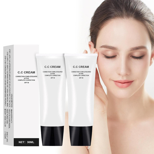 Skin Tone Adjusting CC Cream SPF 50, Colour Correcting Self Adjusting for Mature Skin, All-In-One Face Sunscreen and Foundation,Pre-makeup Primer Moisturizing Skin Concealer Brightening Skin Tone 2Pcs