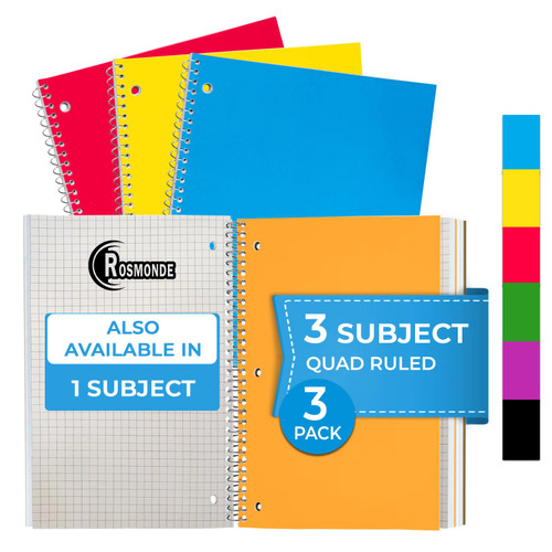 Rosmonde 3 Subject Spiral Notebooks Graph Ruled, 3 Pack, 300 Pages (150 Sheets), 8 x 10-1/2", Grid Spiral Notebook for School & Office, Quad Ruled Spiral Notebooks, Graph Notebook, Spiral Bound Book