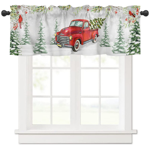 Miaklek Window Valances Merry Christmas Red Truck 1 Panel, 54 x 18 Inch Window Treatment Decor Curtains Rod Pocket Valances for Kitchen/Living Room