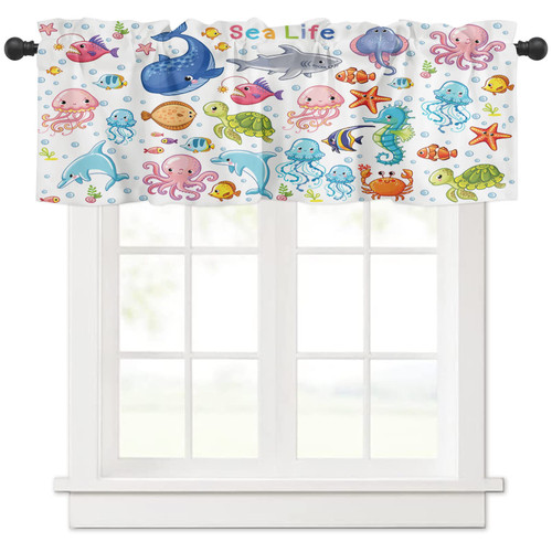 Queen Area Rod Pocket Short Curtain Valances Underwater World Sea Life Ocean Animals Kids Window Valance for Living Room Bedroom Kitchen Bathroom 54"x18"