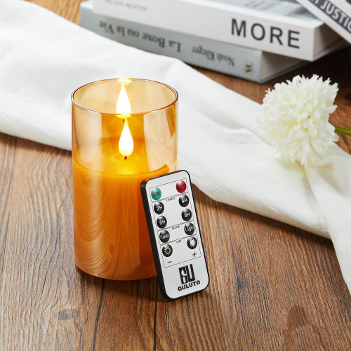 Guluto Battery Operated Flickering Flameless Candles with Remote and Timer, led Candle with 3D Wick Last 1000+ Hours Real Wax Electric Candle Pillar Candle, Gold Glass for Wedding, Festival /3" x 5" Guluto Battery Operated Flickering Flameless Candles with Remote and Timer, led Candle with 3D Wick Last 1000+ Hours Real Wax Electric Candle Pillar Candle, Gold Glass for Wedding, Festival /3" x 5"