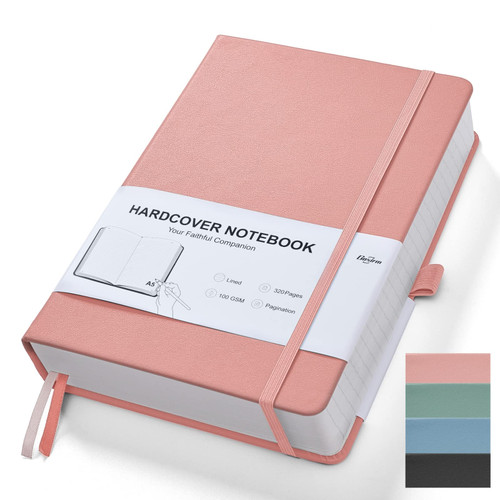 Lined Notebook Journal Hardcover, A5 Thick Leather Journal with Lined Paper 100gsm, Lined Journal for Women, Large College Ruled Journals Notebooks for Writing, Men, 5.75'' X 8.38'' - 320 Pages Pink