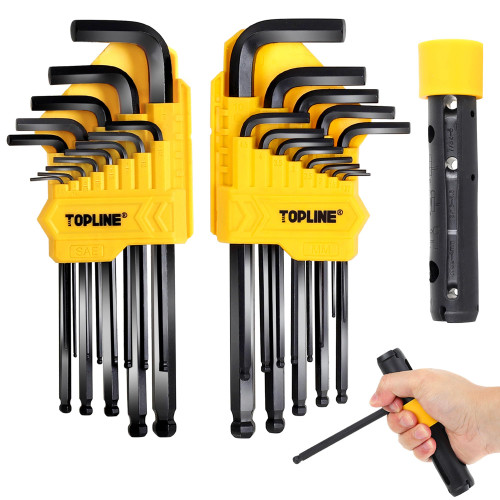 Topline 27-Piece Long Arm Allen Wrench Set with Ball End, SAE, Metric Hex Key Set Included, Portable T-Handle Allen Key Set for Basic Home Repair and General Applications