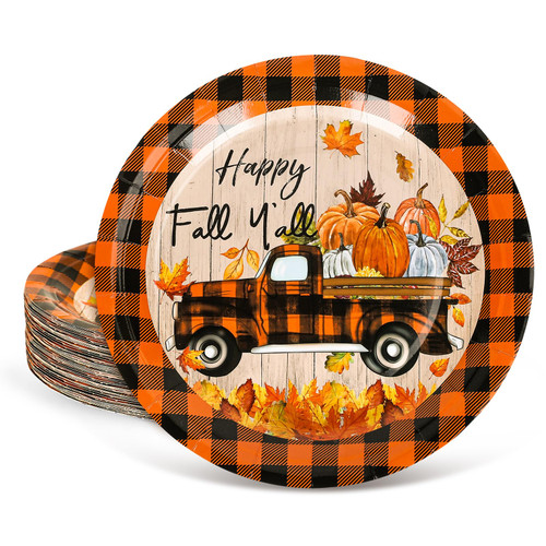Whaline 40Pcs Fall Paper Plates 9 Inch Orange Black Buffalo Plaid Disposable Paper Plates Pumpkin Truck Happy Fall Y'all Prints Plates for Thanksgiving Party Autumn Holiday Dinner Tableware Supplies