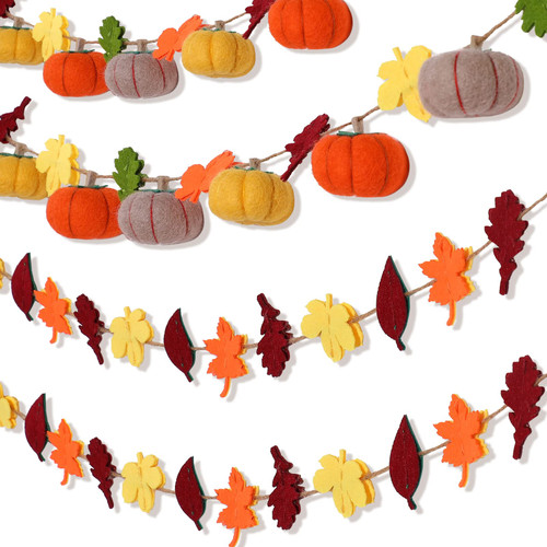 Remagr 2 Pcs Thanksgiving Felt Pumpkin Garland Maple Leaves Fall Felt Garland Fall Garland for Mantle Fall Halloween Thanksgiving Autumn Indoor Outdoor Decoration