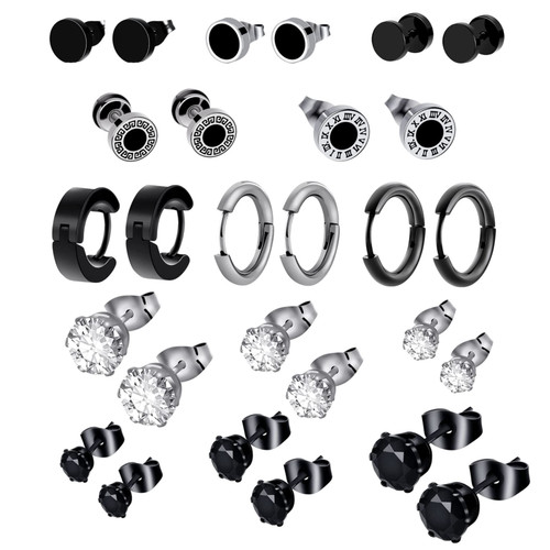 14 Pairs Stainless Steel Stud Earrings for Women Men Multipack Hypoallergenic Huggie Small Hoop Surgical Steel Earring Stud Set Dainty Black Silver Cubic Zirconia Cartilage Earring Hoop