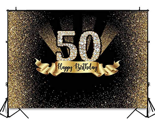 Funnytree 7x5ft Gold and Black 50th Birthday Photography Backdrop Adult Golden Glitter Diamonds Shiny Background Fifty Years Old Age Party Decoration Photo Banner Photobooth Props