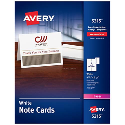 Avery Printable Note Cards, Laser Printers, 60 Cards and Envelopes, 4.25 x 5.5 (5315)