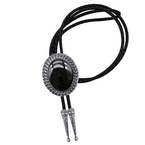 YOQUCOL Vintage Large Black Stone Bolo Tie American Western Cowboy Genunie Leather Necklace For Men Women