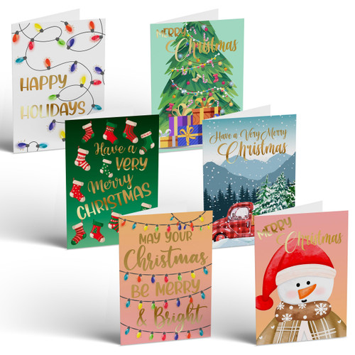 Better Office Products 50 Pack Christmas Cards Set with Gold Foil Accents, 4" x 6", Fun & Festive Designs, Blank Inside, Boxed Set