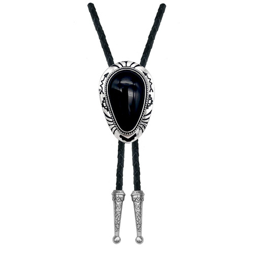 QUKE Black Stone Bolo Tie Native Western Cowboy Handmade Genunie Leather Bola Tie Necktie for Men Women