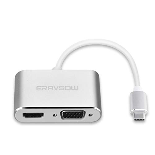 USB-C to HDMI+VGA Adapter, ERAVSOW 2 in 1 USB 3.1 Type C to VGA HDMI 4K UHD Converter Adaptor for MacBook, Google Chromebook, Samsung, HTC, Huawei Mate, etc