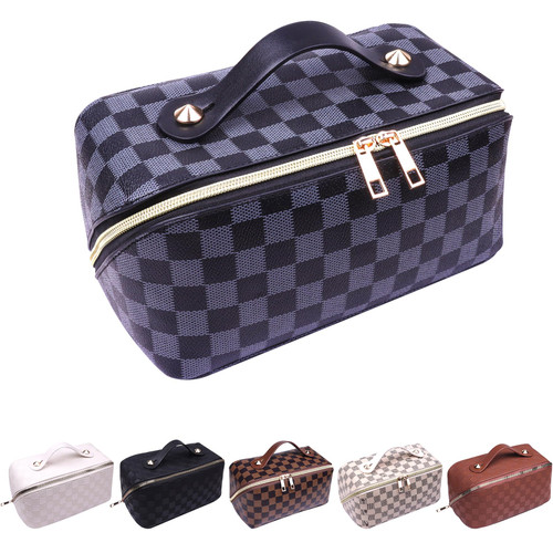 Janisa Large Capacity Travel Cosmetic Bag, Checkered Makeup Bag Waterproof Cosmetic Bags Portable PU Leather Travel Toiletry Bag Makeup Bag Organizer with Handle and Divider Flat Lay for Women Girls Janisa Large Capacity Travel Cosmetic Bag, Checkered Makeup Bag Waterproof Cosmetic Bags Portable PU Leather Travel Toiletry Bag Makeup Bag Organizer with Handle and Divider Flat Lay for Women Girls