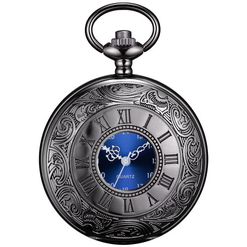 BOSHIYA Pocket Watches for Men Vintage Unique Blue Dial Roman Numerals Scale Black Quartz Pocket Watch with Chain for Christmas Graduation Birthday Gifts BOSHIYA Pocket Watches for Men Vintage Unique Blue Dial Roman Numerals Scale Black Quartz Pocket Watch with Chain for Christmas Graduation Birthday Gifts