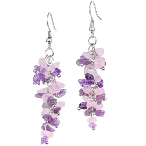 Nupuyai Natural Tumbled Chips Stone Healing Crystal Dangle Hook Earrings for Women, Amethyst+Rose Quartz