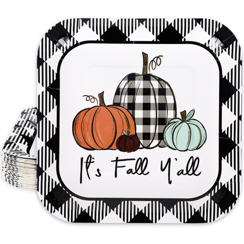Whaline 40Pcs Thanksgiving Fall Paper Plates Black White Plaid Pumpkin Disposable Plates Fall Harvest Theme Square Plates for Holiday Wedding Birthday Party Dinner Tableware Supplies, 9 x 9 Inch