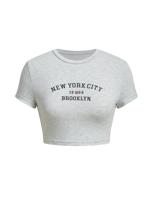 WDIRARA Women's Letter City Graphic Print Round Neck Short Sleeve Crop Tee Casual T Shirt Top Grey M