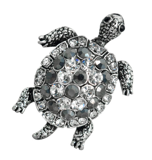 Gyn&Joy Antique Silver Tone Black And Clear Crystal Colored Rhinestones Sea Turtle Brooch Pin